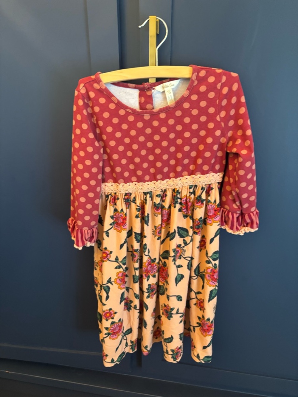 Kids Polka Dot & Floral Long Sleeve Dress - red and peach